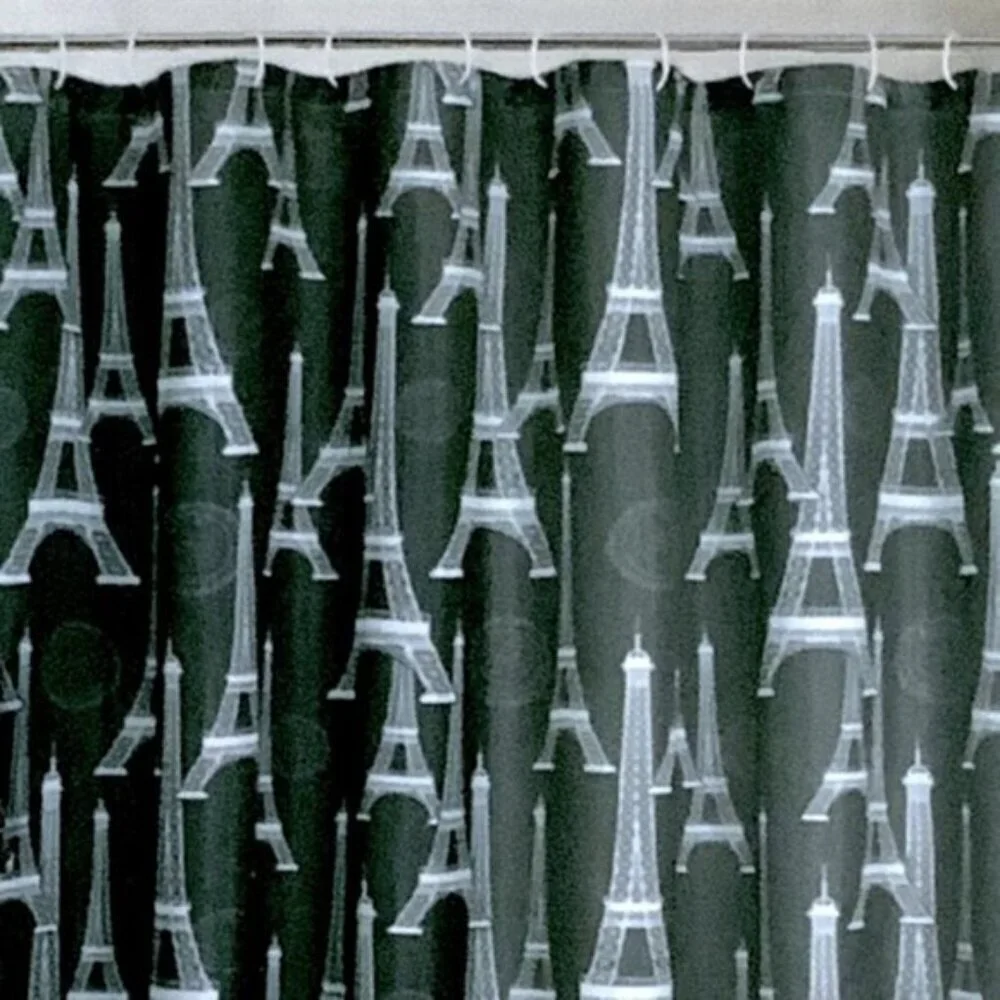 Blissful Bath Paris Shower Curtain Fabric Paris Eiffel Tower Hooks Black White
